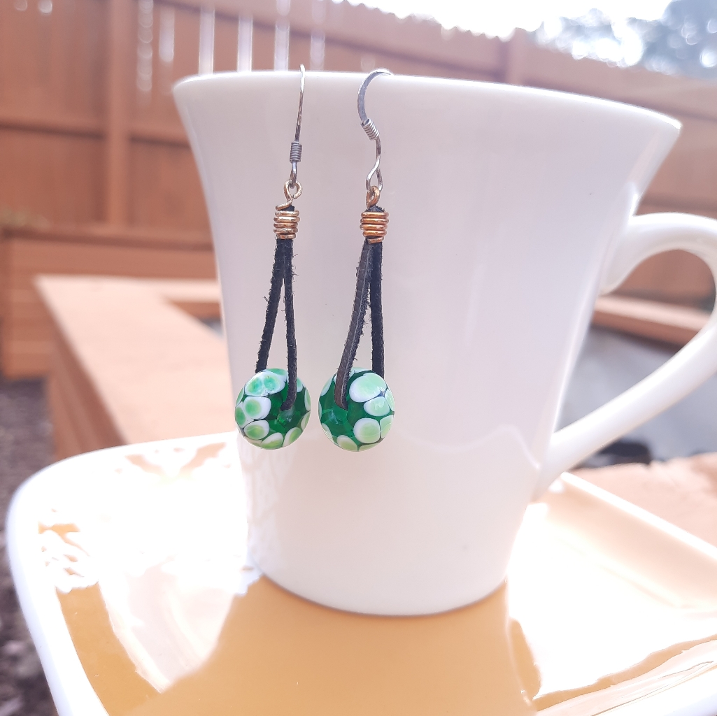 Green & White Dot Glass Bead Earrings